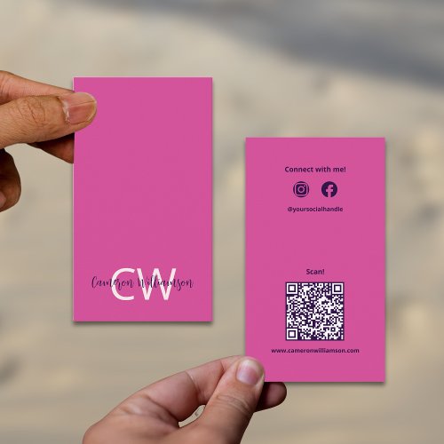 Feminine Solid Pink Monogram QR Code Social Business Card