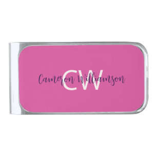 Feminine Solid Pink Monogram Silver Finish Money Clip