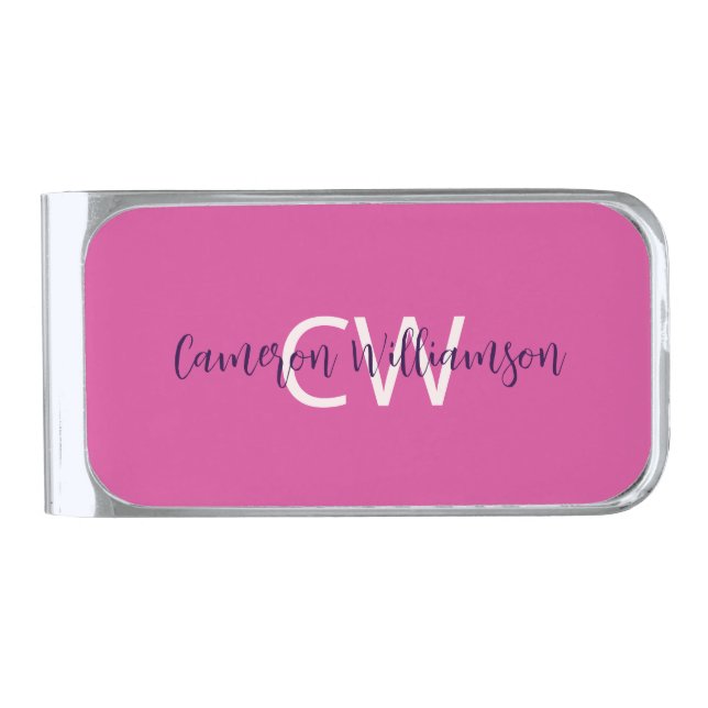 Feminine Solid Pink Monogram  Silver Finish Money Clip (Front)
