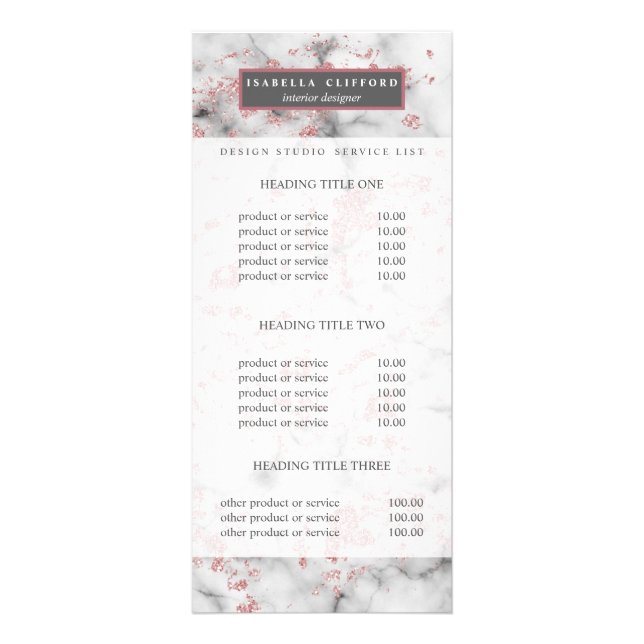 Feminine sparkling rose gold  |  Pricing & Service Rack Card (Front)