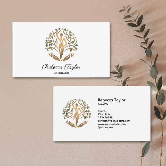 feminine spiritual woman life coach tree of life business card (gold tree of life with woman's silhouette and hands holding it)