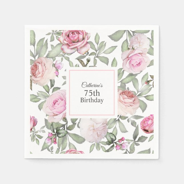 Feminine Summer Rose Garden Floral 75th Birthday Napkins (Front)