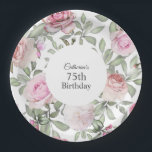 Feminine Summer Rose Garden Floral 75th Birthday Paper Plates<br><div class="desc">A pattern of beautiful watercolor pastel pink roses and mixed flowers and greenery cover this party plate in feminine style. Personalize with the guest of honor's name and age on these lovely garden inspired paper plates. You can personalize the age with any number. The plates are available in 2 sizes:...</div>
