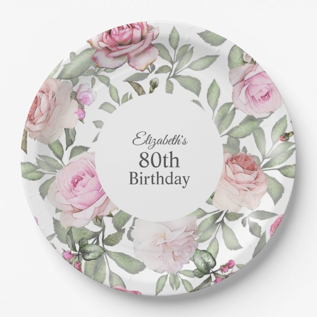 Feminine Summer Rose Garden Floral 80th Birthday Paper Plates (Front)