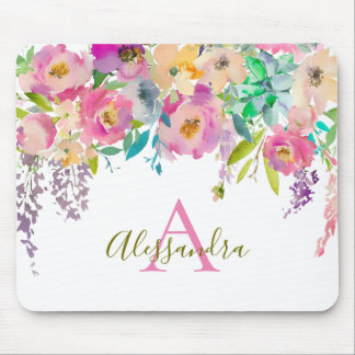 Feminine Trendy Watercolor Flowers Monogram Mouse Pad