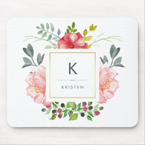 Feminine Trendy Watercolor Peony Flowers Monogram Mouse Pad