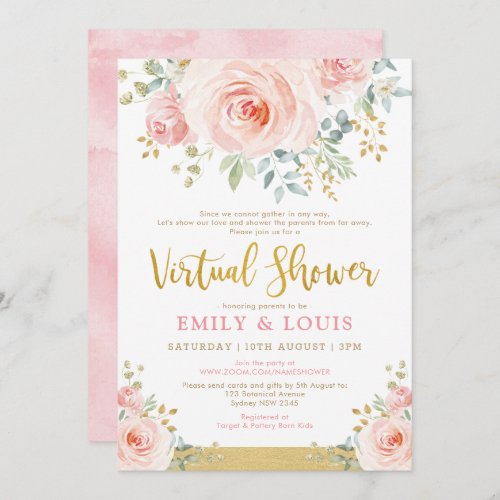 Feminine Virtual Baby Shower Blush Pink Gold Roses Invitation