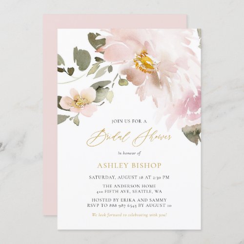 Feminine Watercolor Blush Flowers Bridal Shower Invitation