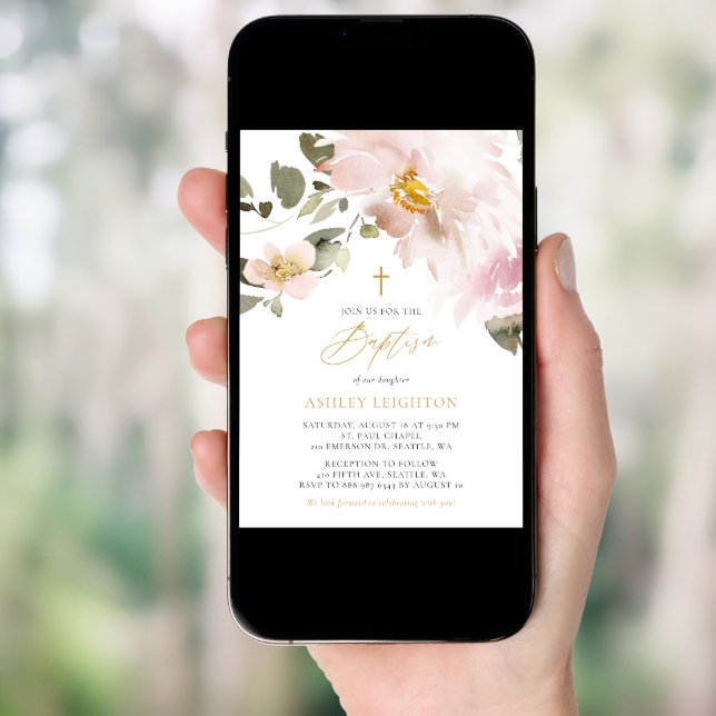 Feminine Watercolor Blush Flowers Girl Baptism Invitation (Front Digital)