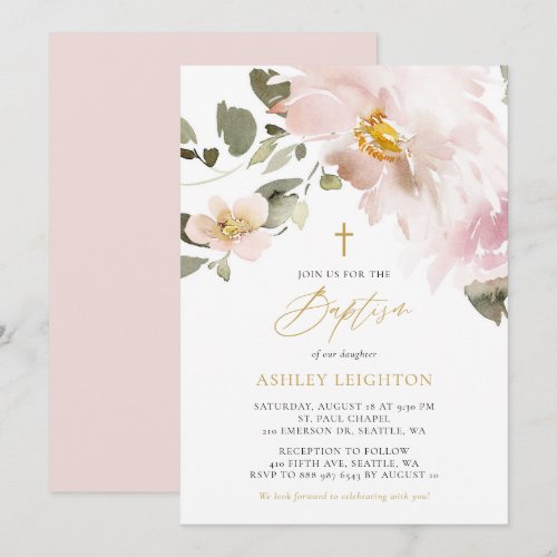 Feminine Watercolor Blush Flowers Girl Baptism Invitation