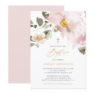 Feminine Watercolor Blush Flowers Girl Baptism Invitation