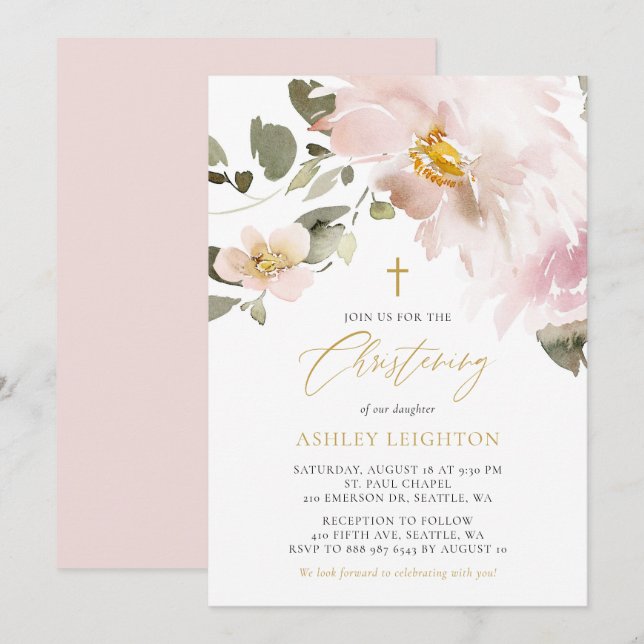Feminine Watercolor Blush Flowers Girl Christening Invitation (Front/Back)
