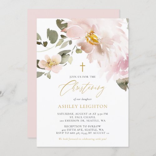 Feminine Watercolor Blush Flowers Girl Christening Invitation