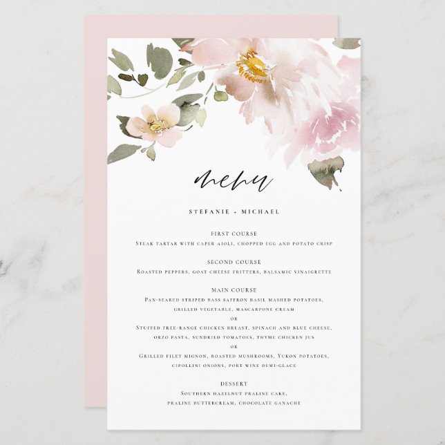 Feminine Watercolor Blush Flowers Menu Card (Front/Back)