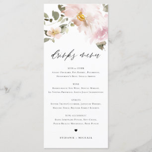 Feminine Watercolor Blush Flowers Wedding Drinks Menu