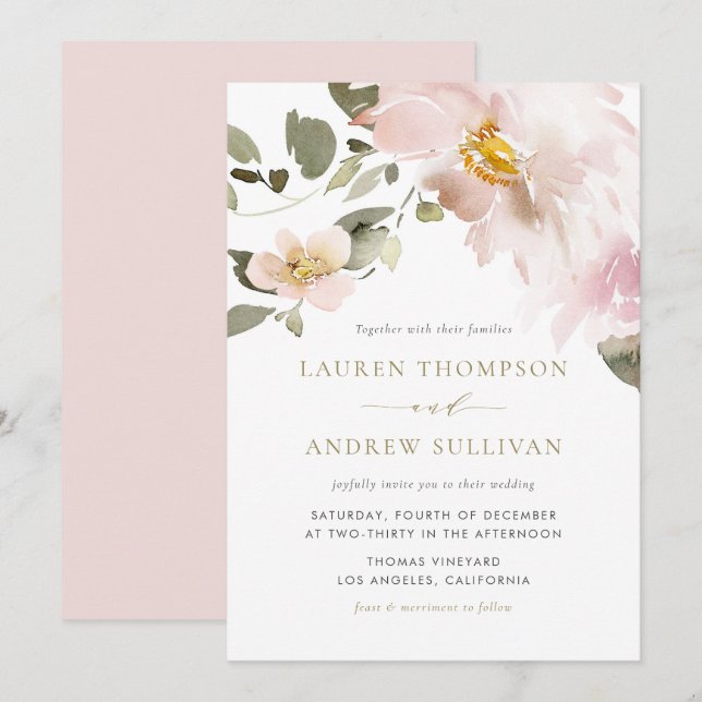 Feminine Watercolor Blush Flowers Wedding Invitation (Front/Back)