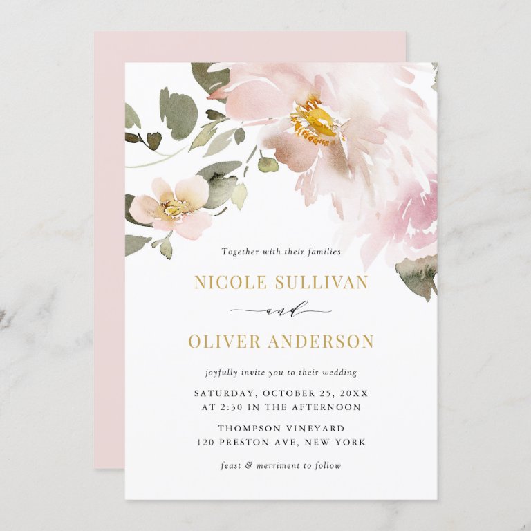 Feminine Watercolor Blush Flowers Wedding Invitation