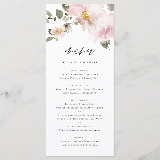 Feminine Watercolor Blush Flowers Wedding Menu (Front)