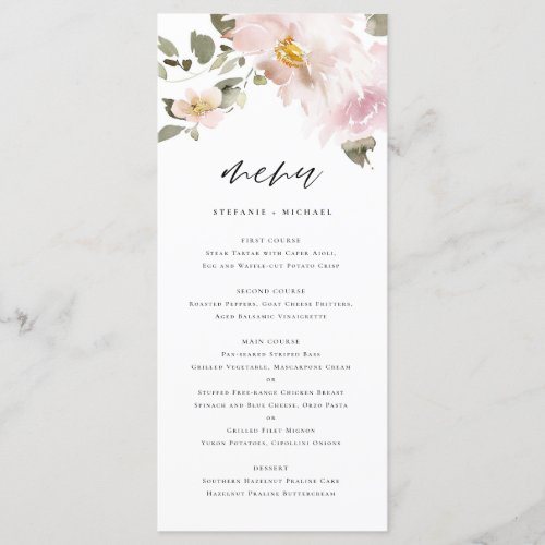 Feminine Watercolor Blush Flowers Wedding Menu