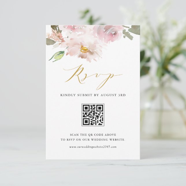 Feminine Watercolor Blush Flowers Wedding QR Code RSVP Card (Standing Front)