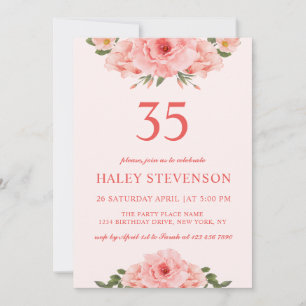 Feminine Watercolor Coral Chic Floral 35 Birthday Invitation