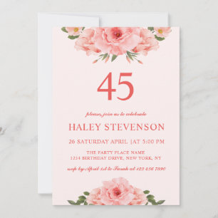 Feminine Watercolor Coral Chic Floral 45 Birthday Invitation