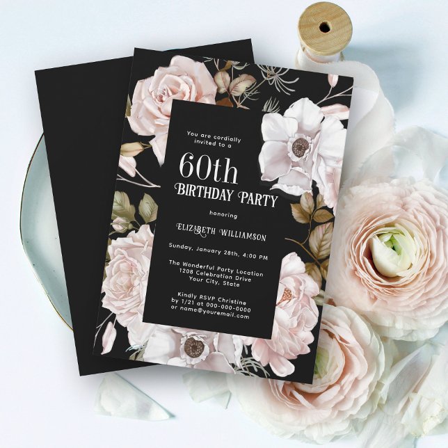 Feminine Watercolor Floral 60th Birthday Party Invitation (Celebrate 60 in elegant style with a gorgeous birthday party invitation. Personalize with details.)