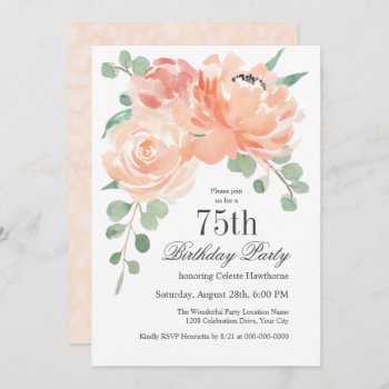 Feminine Watercolor Floral 75th Birthday Party Invitation by Oasis_Landing at Zazzle