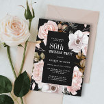 Feminine Watercolor Floral 80th Birthday Party Invitation<br><div class="desc">An elegant floral 80th birthday party invitation, this design features black background to contrast beautifully with the winter ice pink roses framing the text. All of the text can be personalized with your custom party text, including the age. You can also use this invitation template for other ages by personalizing...</div>