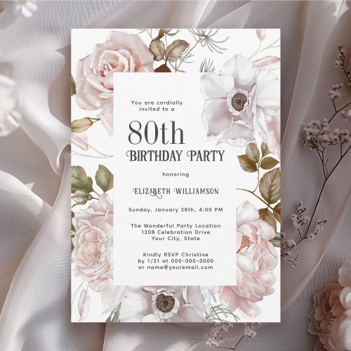 Feminine Watercolor Floral 80th Birthday Party Invitation