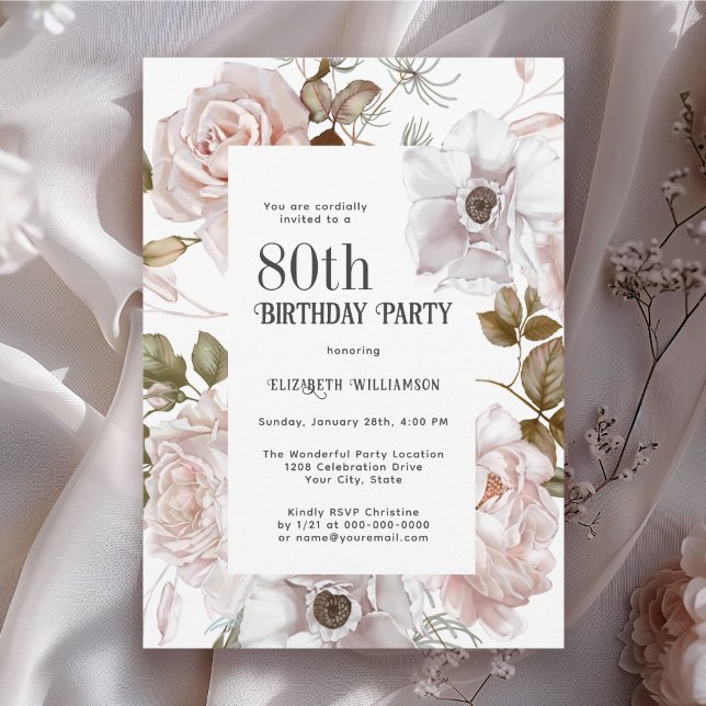 Feminine Watercolor Floral 80th Birthday Party Invitation (Available in both printed and digital download formats.)