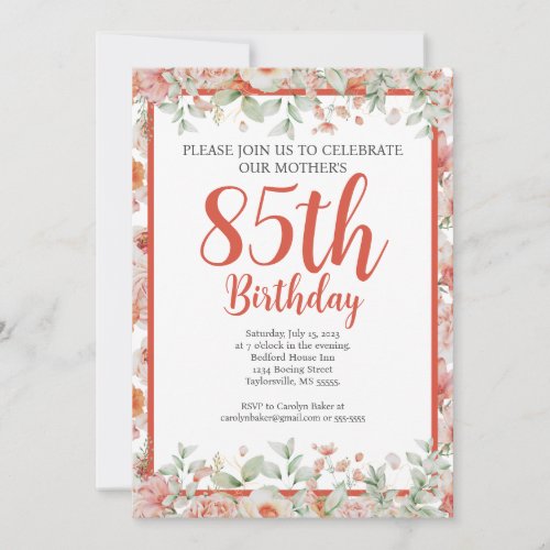 Feminine Watercolor Floral 85th Birthday Party Invitation