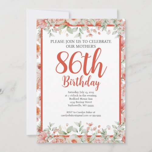 Feminine Watercolor Floral 86th Birthday Party Invitation
