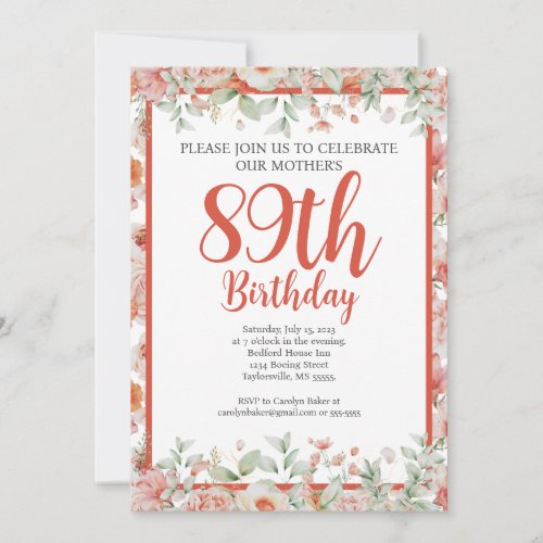 Feminine Watercolor Floral 89th Birthday Party Invitation