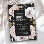 Feminine Watercolor Floral 90th Birthday Party Invitation<br><div class="desc">An elegant floral 90th birthday party invitation, this design features black background to contrast beautifully with the winter ice pink roses framing the text. All of the text can be personalized with your custom party text, including the age. You can also use this invitation template for other ages by personalizing...</div>
