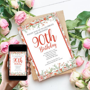 Feminine Watercolor Floral 90th Birthday Party Invitation