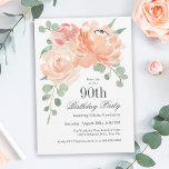 Feminine Watercolor Floral 90th Birthday Party Invitation<br><div class="desc">A lovely floral birthday party invitation designed to celebrate a woman's 90th birthday, this invitation features a corner bouquet of peach and pink roses and trailing eucalyptus greenery in soft watercolor hues. All of the text can be personalized with your custom party text, including the age. You can also use...</div>