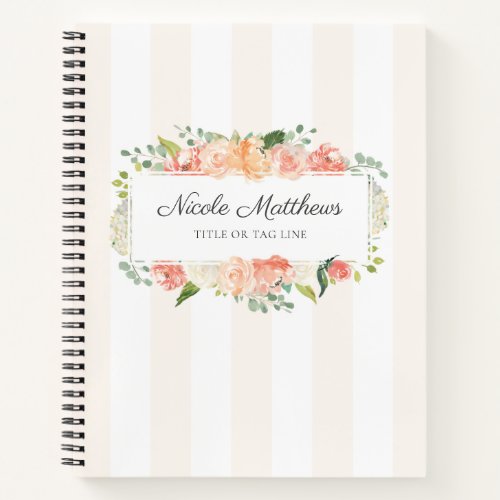 Feminine Watercolor Floral and Stripes Notebook