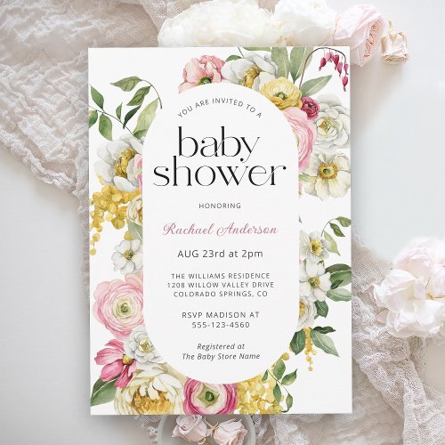 Feminine Watercolor Floral Girl Baby Shower Invitation