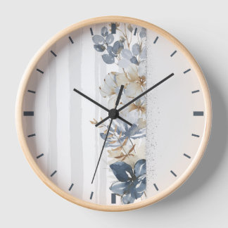 Feminine Watercolor Flowers on Striped Background Clock