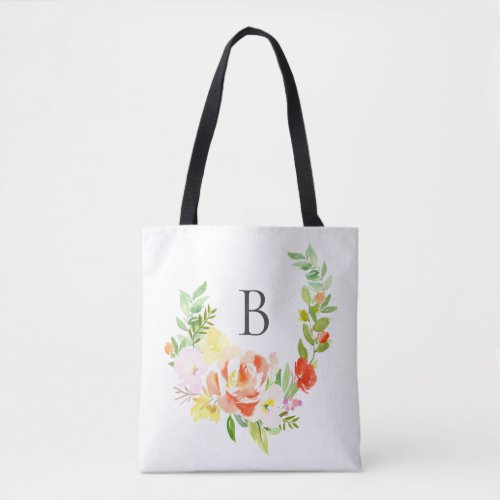 Feminine Watercolor Peach Peonies Wreath Monogram Tote Bag