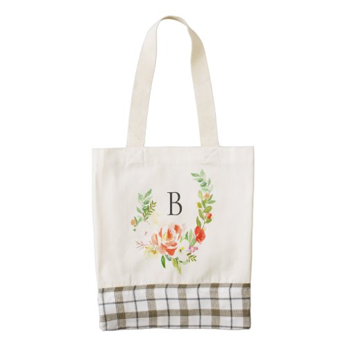 Feminine Watercolor Peach Peonies Wreath Monogram Zazzle HEART Tote Bag