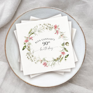 Feminine Watercolor Pink Floral 90th Birthday Napkins