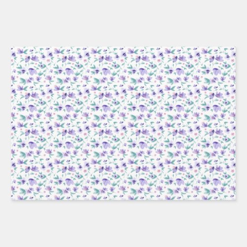 Feminine Watercolor Purple Ditsy Floral Pattern Wrapping Paper Sheets