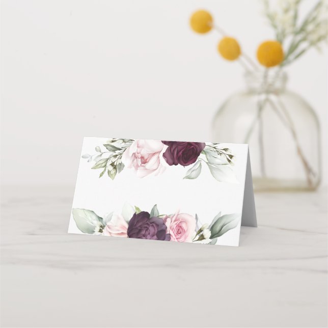 Feminine Watercolor Roses Botanical Place Card (Front)