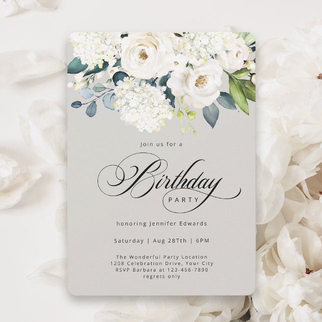 Feminine White Floral Birthday Party Invitation (Creator Uploaded)