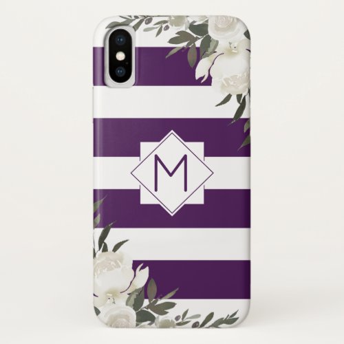 Feminine White Floral Purple Stripe Frame Monogram iPhone XS Case