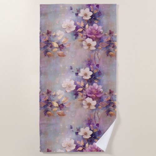 Feminine White Glam Gold Purple Floral Beach Towel