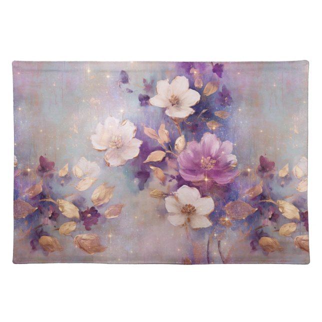 Feminine White Glam Gold Purple Floral Cloth Placemat (Front)