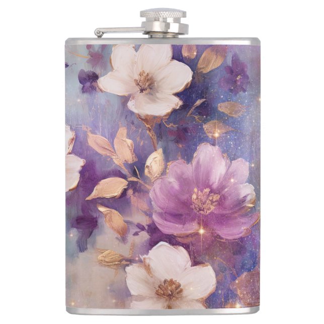 Feminine White Glam Gold Purple Floral Flask (Front)